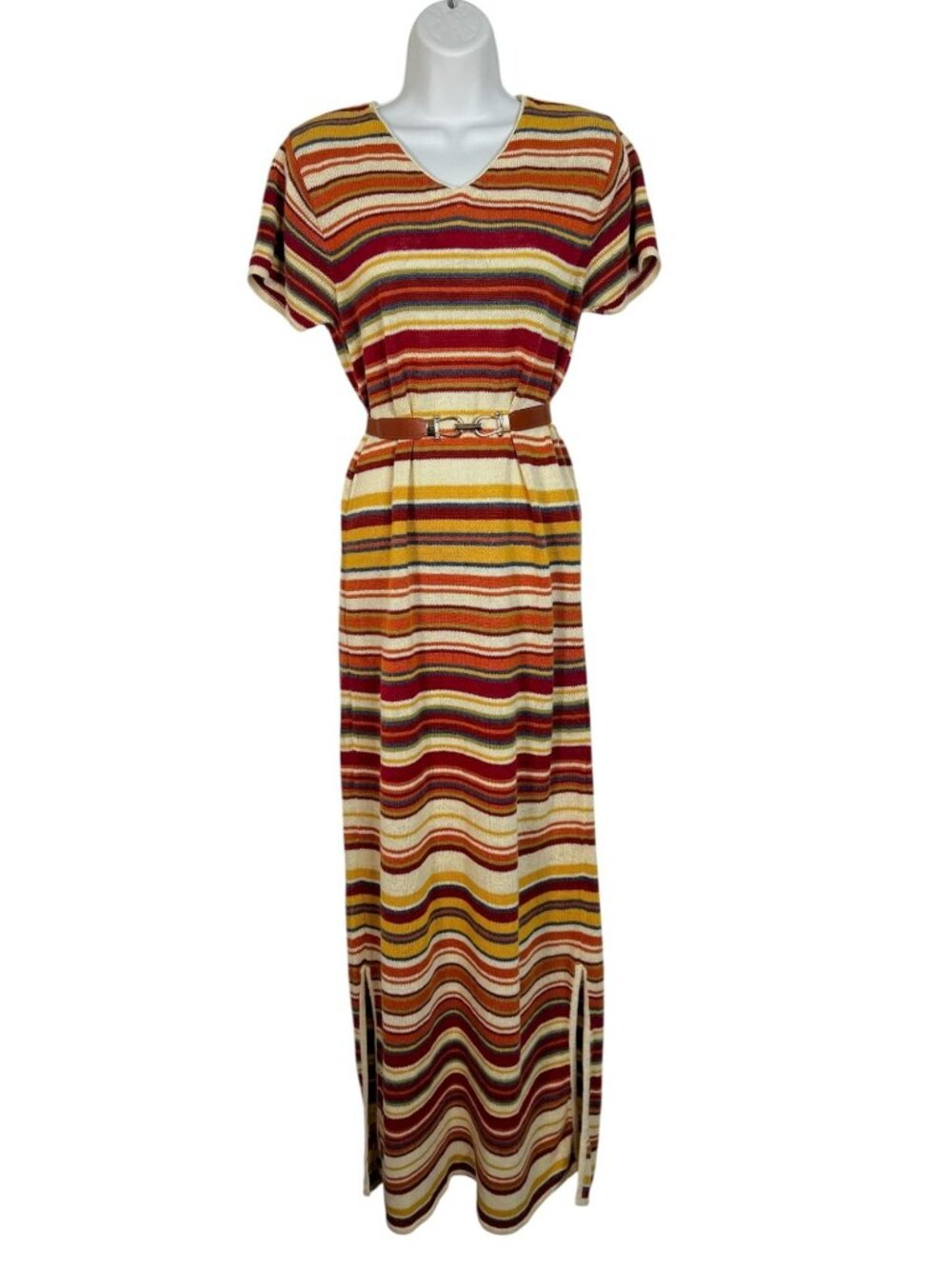 Vintage Striped Knit Maxi Dress Short SleeveAutumn Colors Unbranded Medium